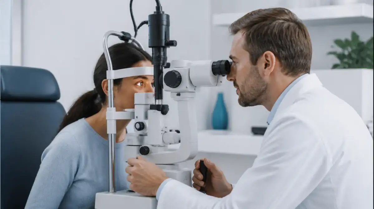 Medic oftalmolog examinând ochiul unui pacient cu o lampă cu fantă