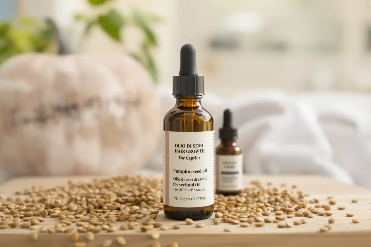 Bottle of pumpkin seed oil used as a natural remedy for hair growth