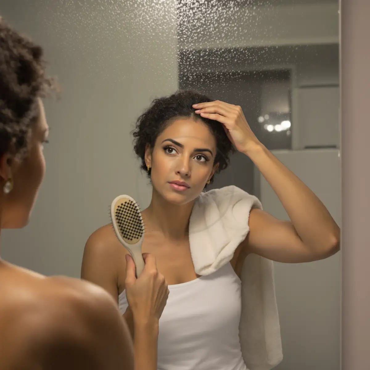 Donna con la spazzola davanti allo specchio del bagno