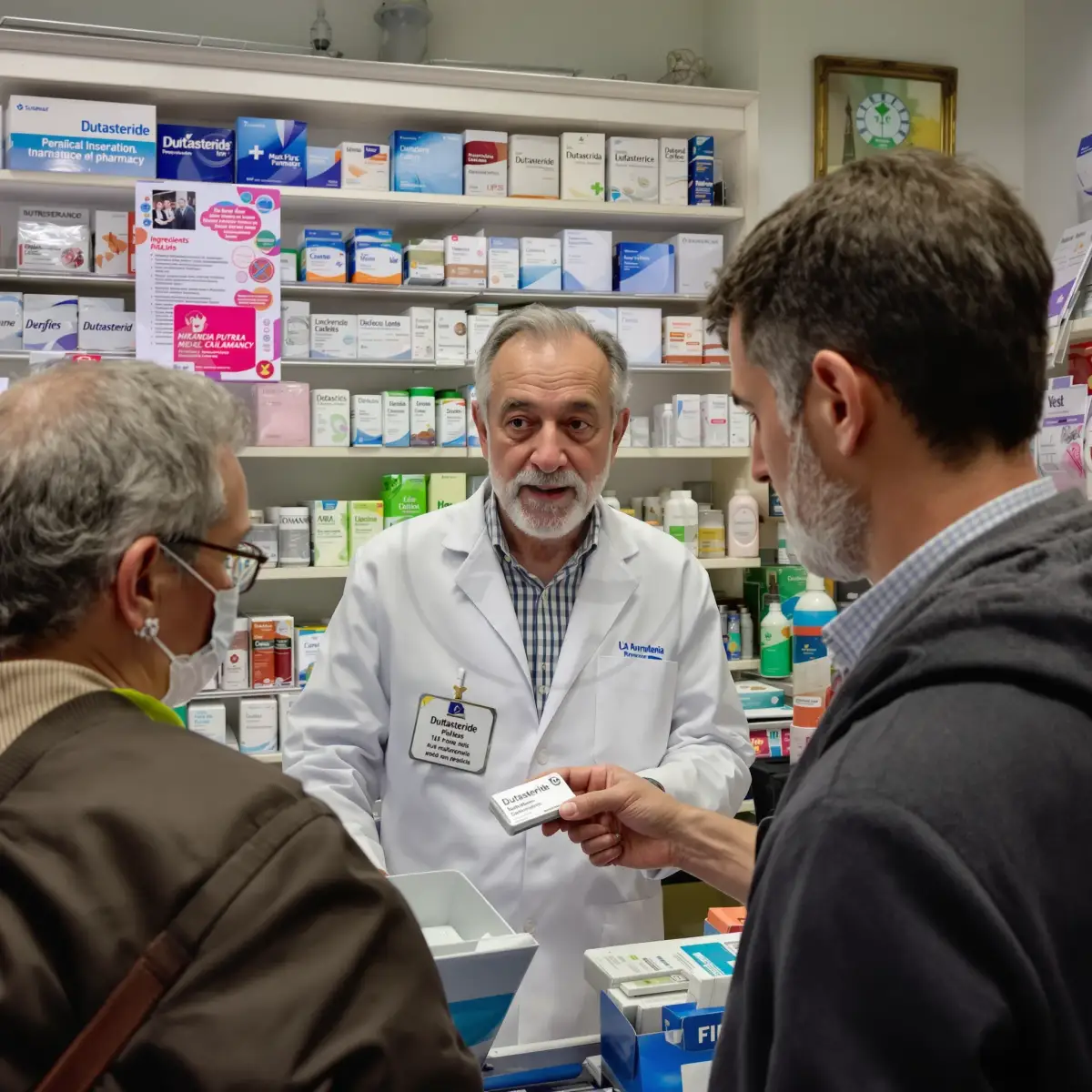 Farmacista che consegna una confezione di dutasteride a un cliente
