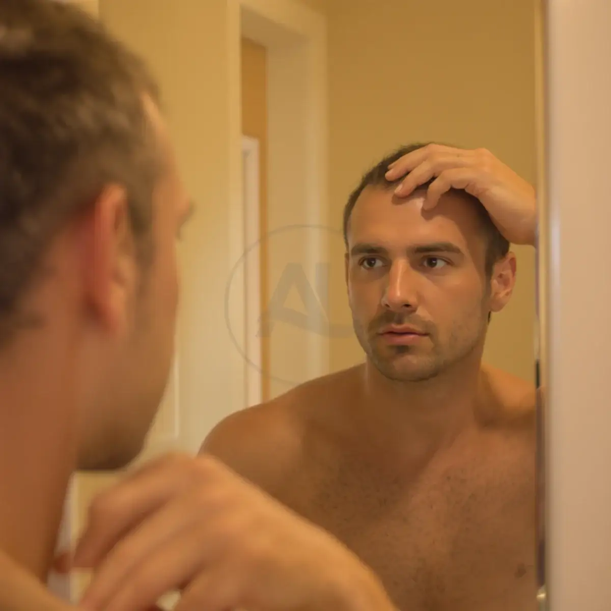 Uomo che ispeziona l'attaccatura allo specchio del bagno