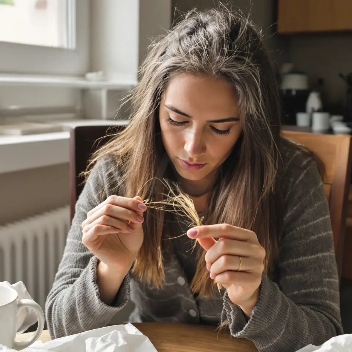 Woman examining shed hair strands between her fingers, a typical shock loss episode after a hair transplant – Albania Hair Clinic