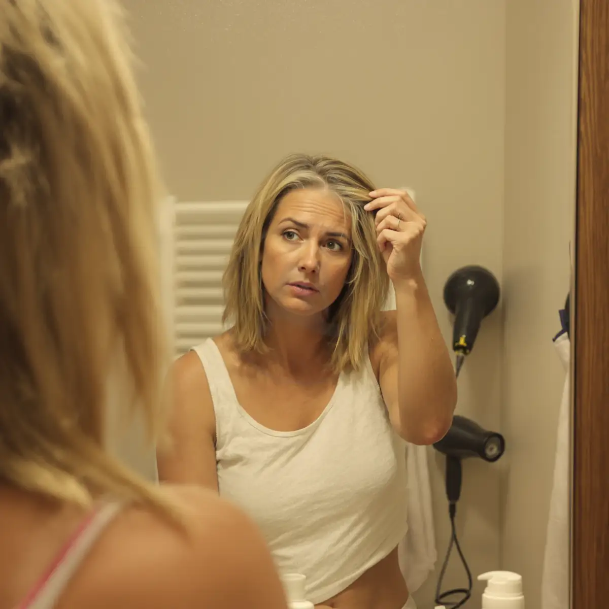 Donna esamina diradamento capelli allo specchio, possibile candidata al trapianto senza rasatura.