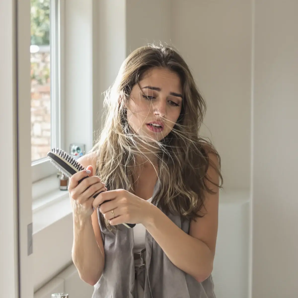 Donna preoccupata che esamina la spazzola piena di capelli caduti, il motivo per cui molte donne valutano il trapianto – Albania Hair Clinic