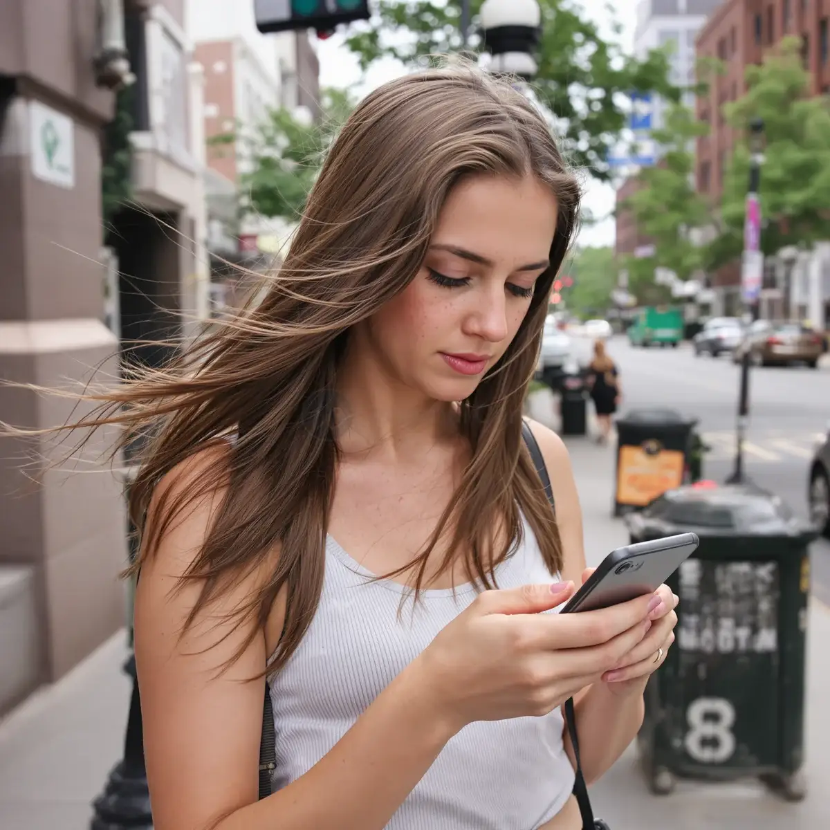 Donna con capelli lisci e lucenti in città, il finish anti-crespo per cui i trattamenti alla cheratina sono noti – Istanbul Care