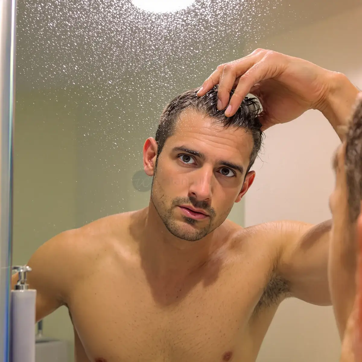 Uomo che controlla i capelli bagnati allo specchio dopo la doccia, valutando quanta caduta quotidiana sia normale – Istanbul Care