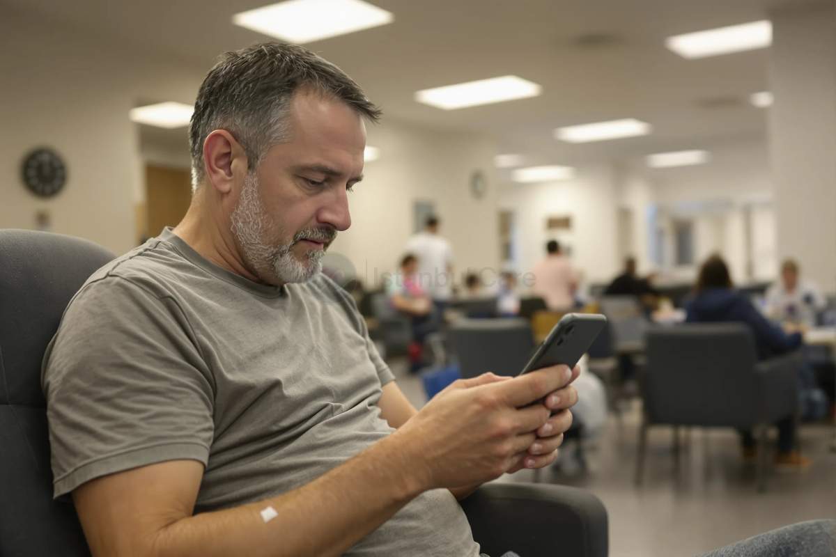 Man at a clinic waiting area researching hair transplant success rates