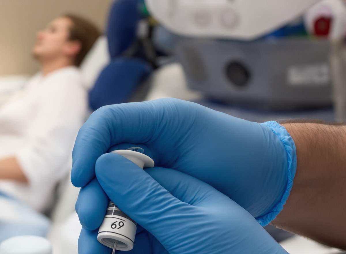 Clinician in blue gloves holding a prepared plasma vial and syringe beside a patient reclining on a treatment bed