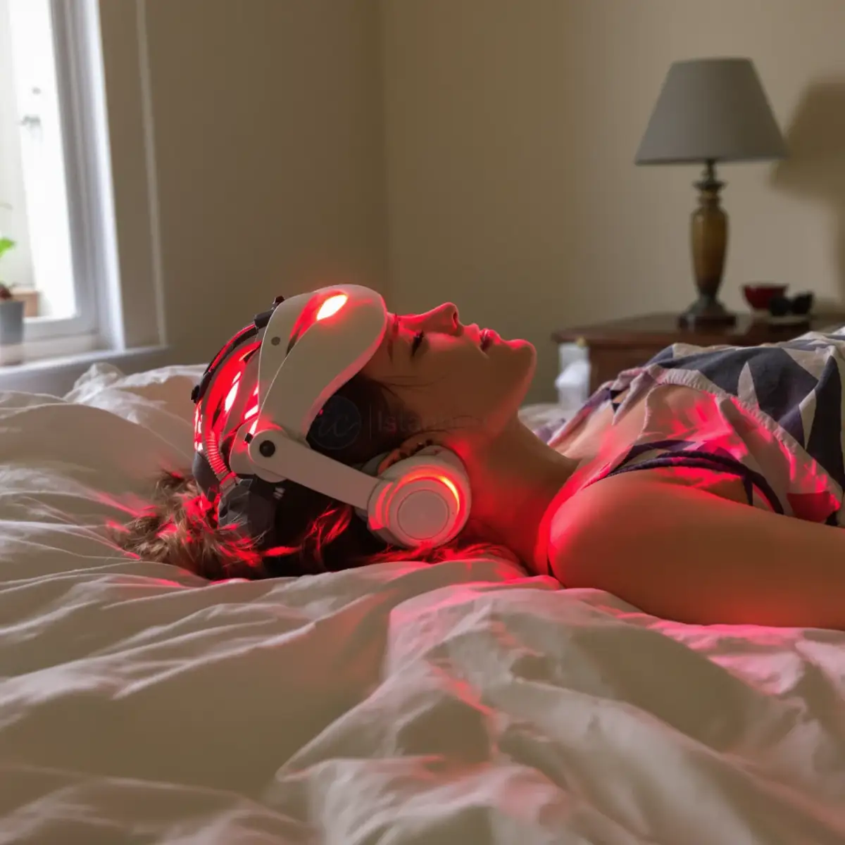 Persona che indossa un casco per terapia con luce rossa con LED rossi che brillano sul cuoio capelluto per stimolare i follicoli piliferi