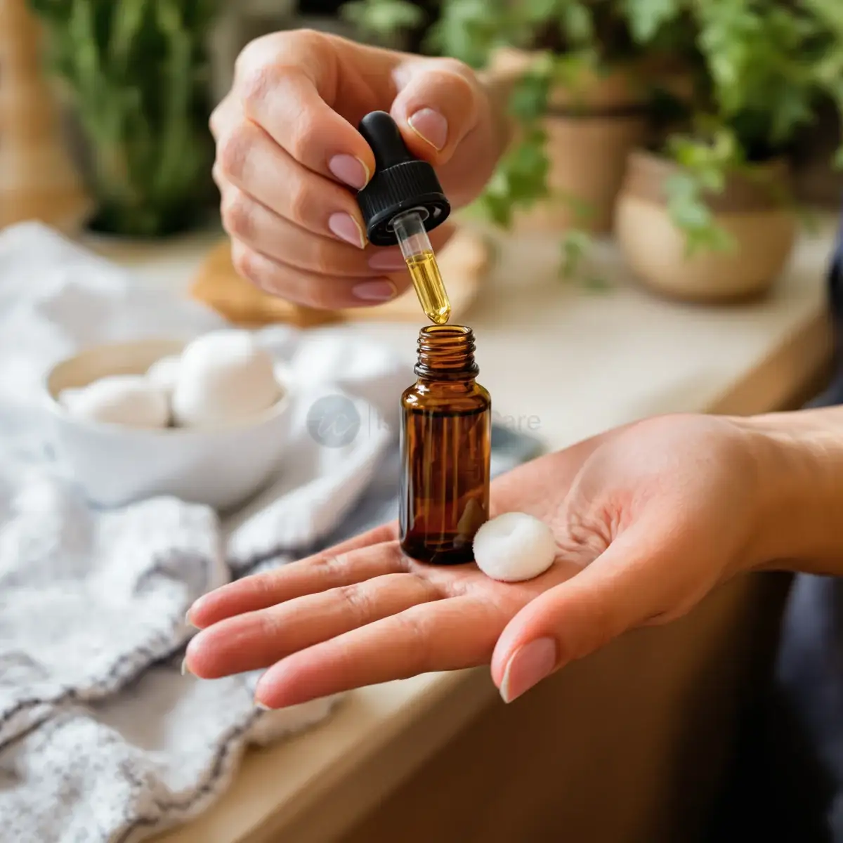 Contagocce che dosa l'olio di rosmarino su un dischetto di cotone, il modo semplice di applicarlo sul cuoio capelluto – Istanbul Care