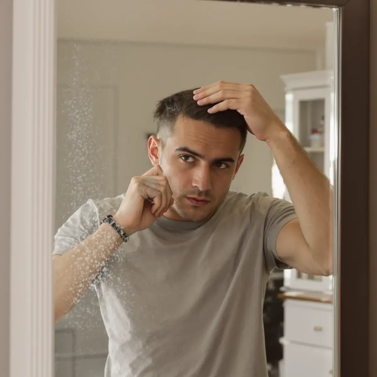 Uomo che esamina l'attaccatura allo specchio del bagno mentre prova l'olio di rosmarino per la ricrescita – Istanbul Care