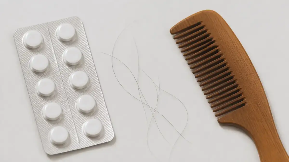 Finasteride tablets in a blister pack beside shed hairs and a wooden comb