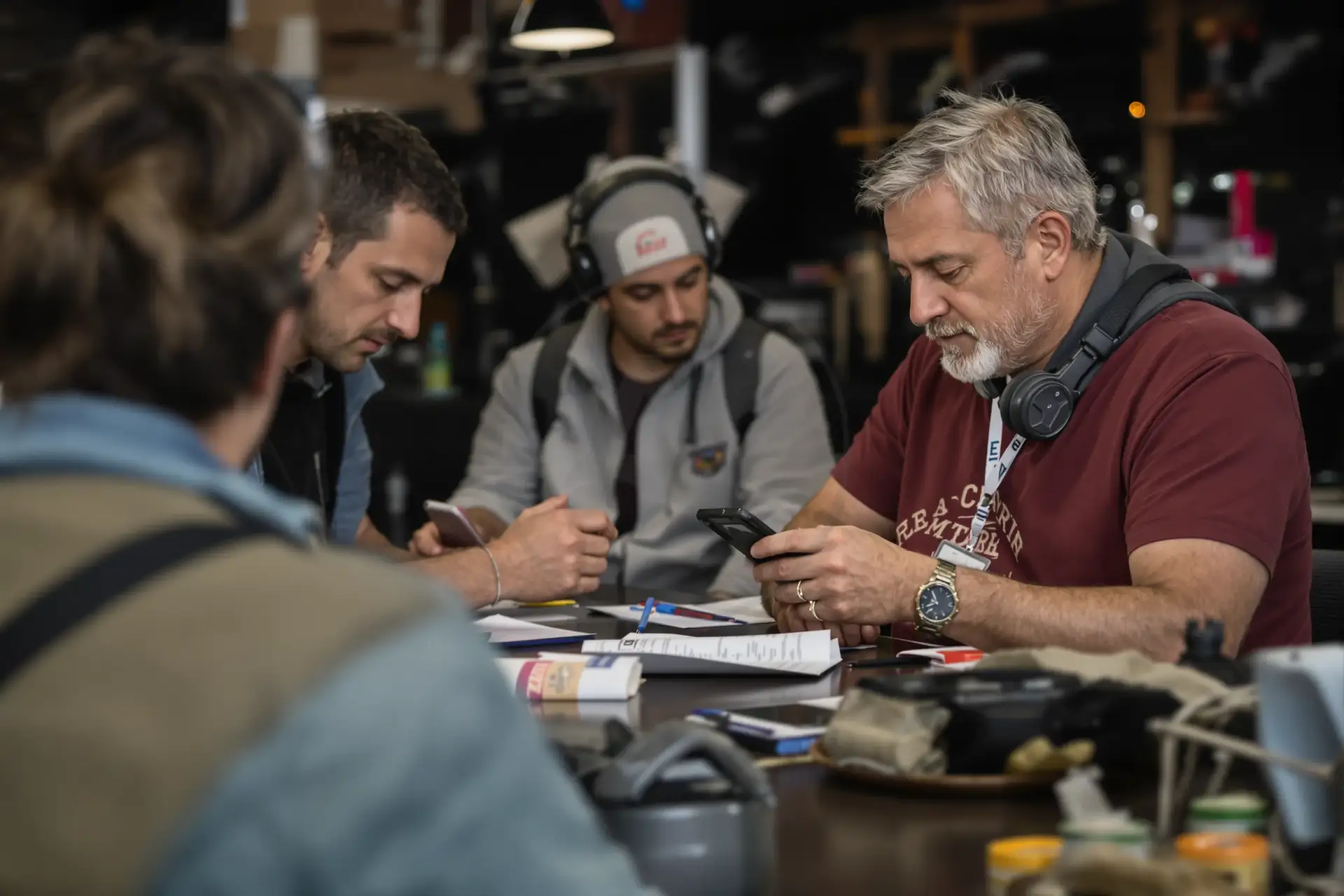 Gruppo di uomini riuniti attorno a un tavolo che esaminano telefoni e documenti in un'officina