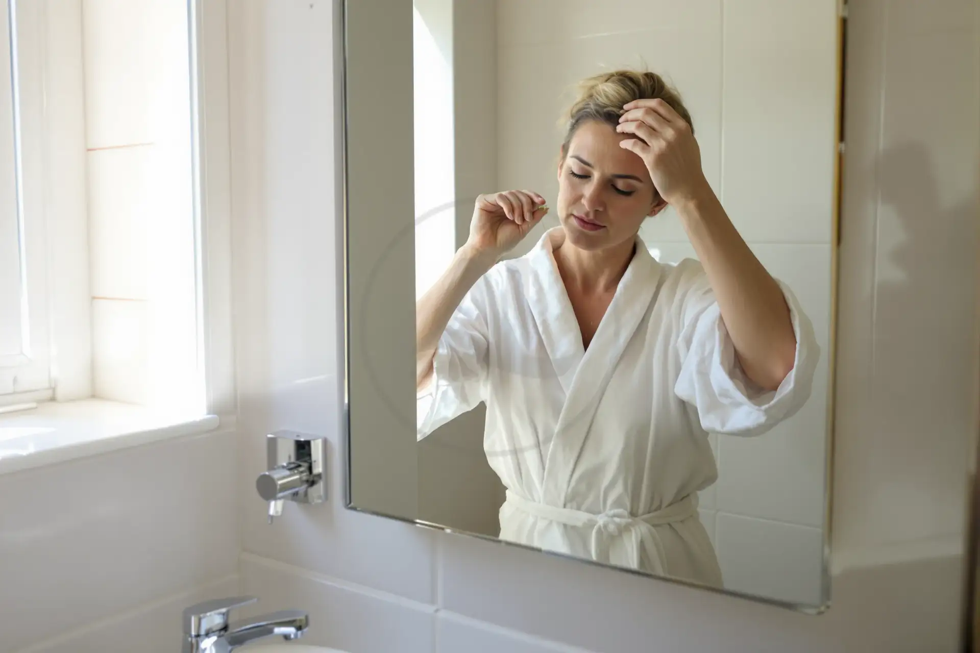 Woman in a white bathrobe examining her hairline in a bathroom mirror