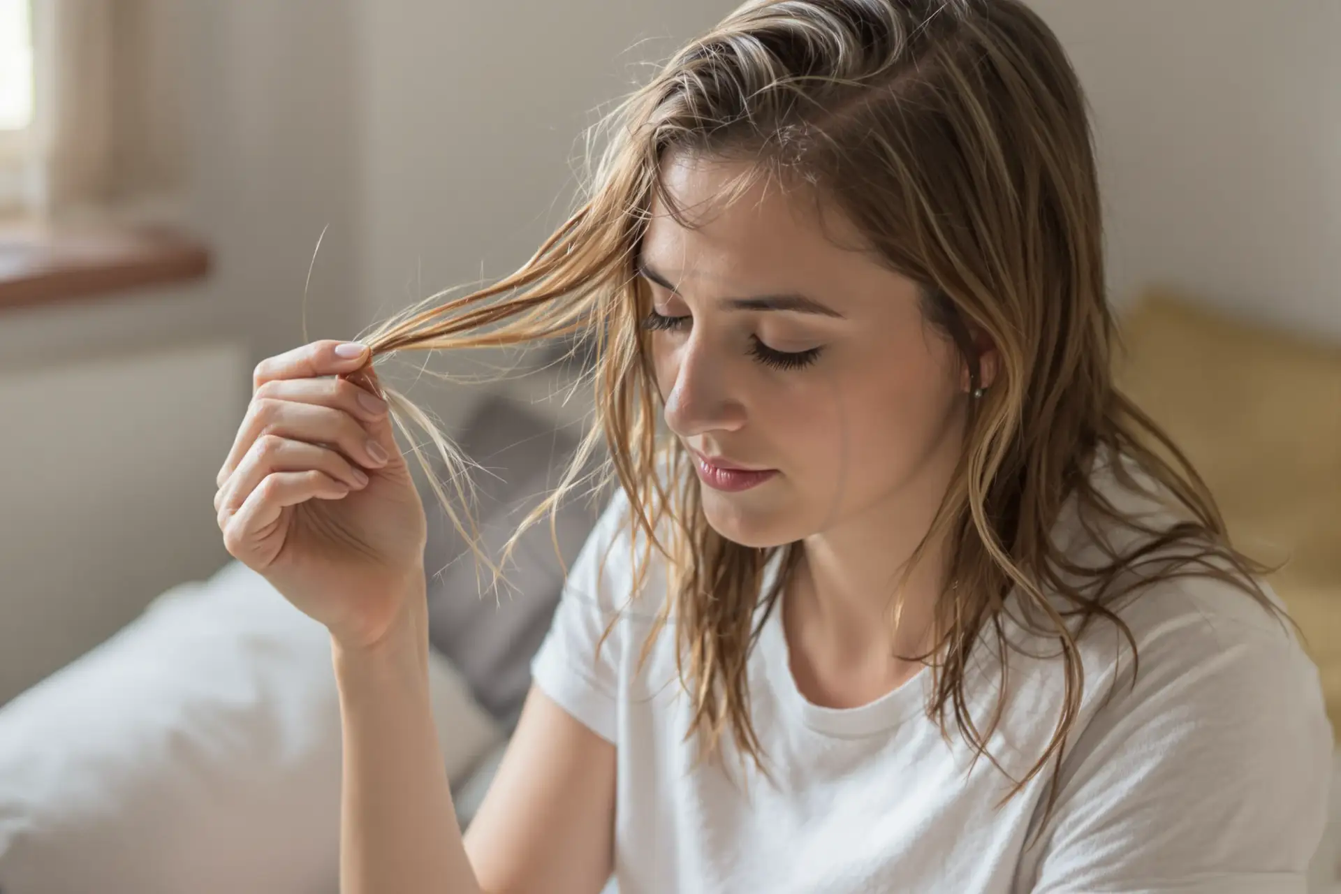 Young woman examining a strand of her damp hair with a concerned expression