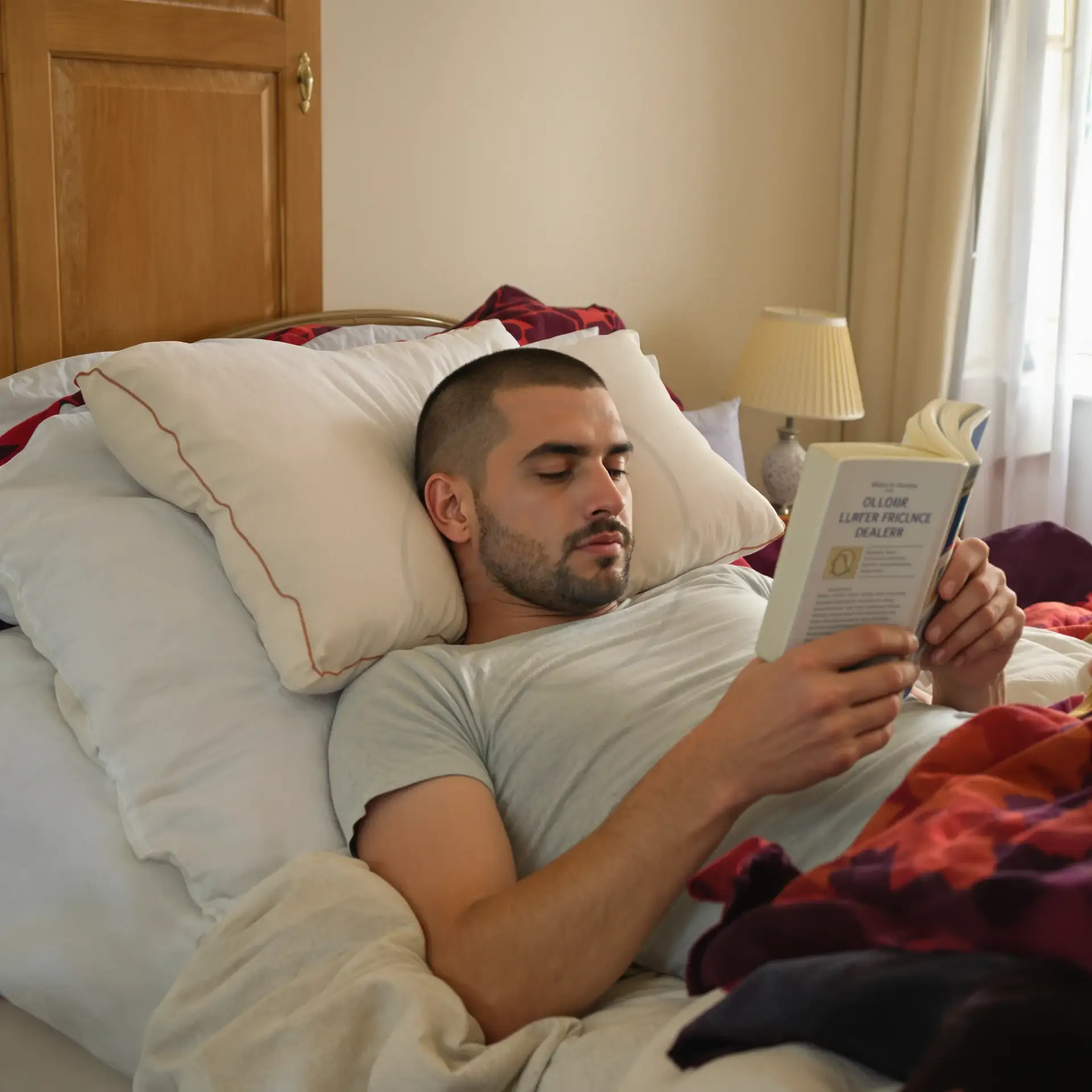 Uomo che legge a letto con la testa sollevata dopo trapianto di capelli.