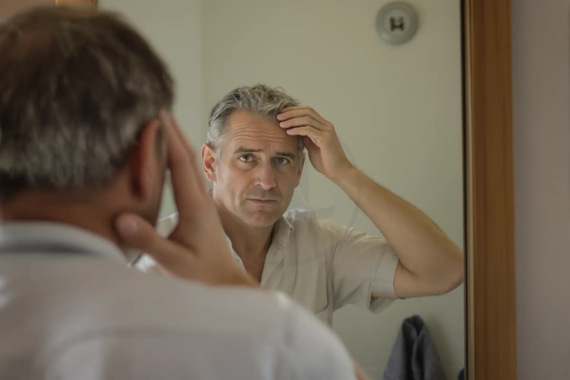 Middle-aged man examining his greying hairline in a bathroom mirror