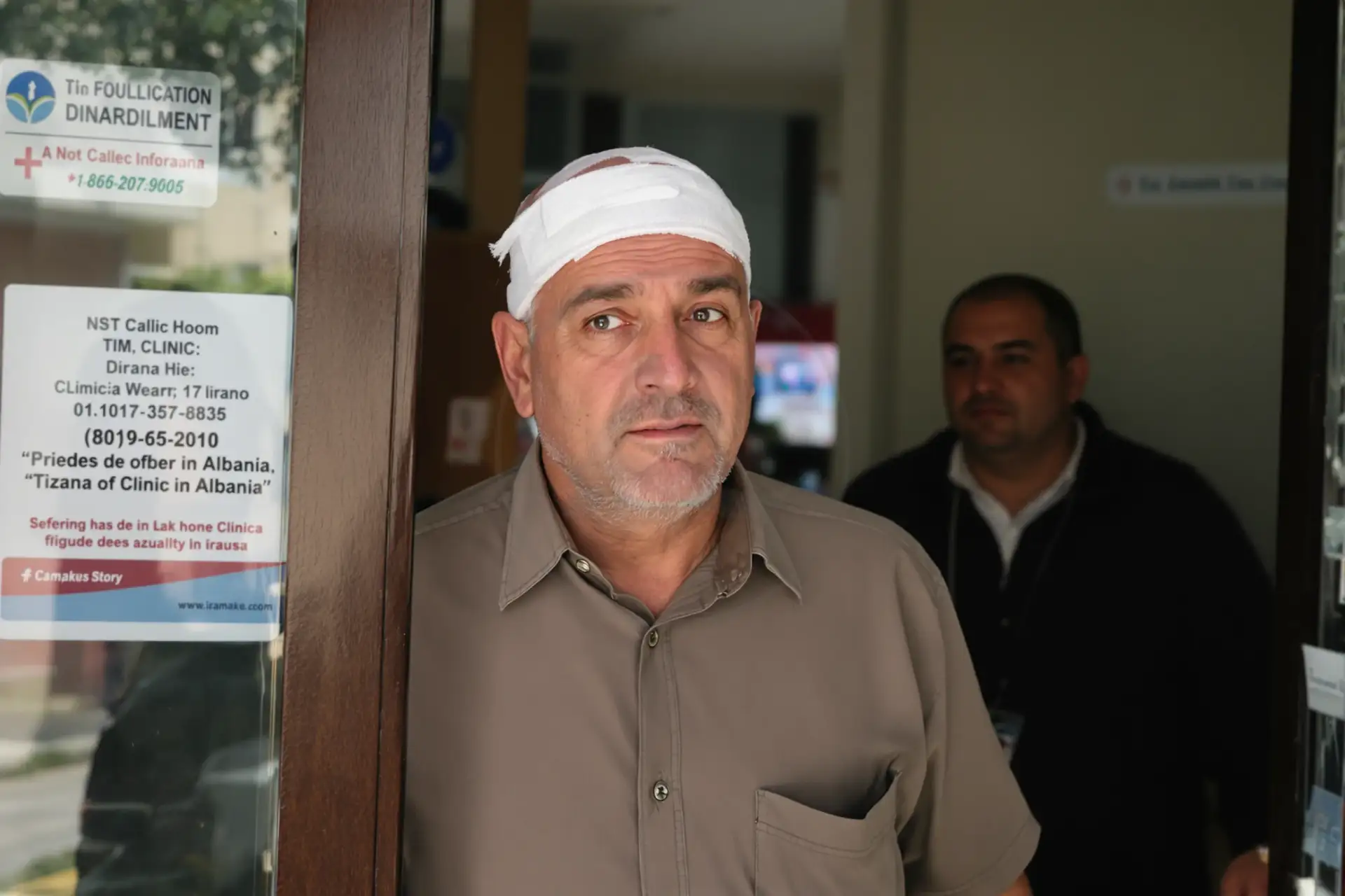 Uomo con bendaggio sul cuoio capelluto esce da una clinica a Tirana