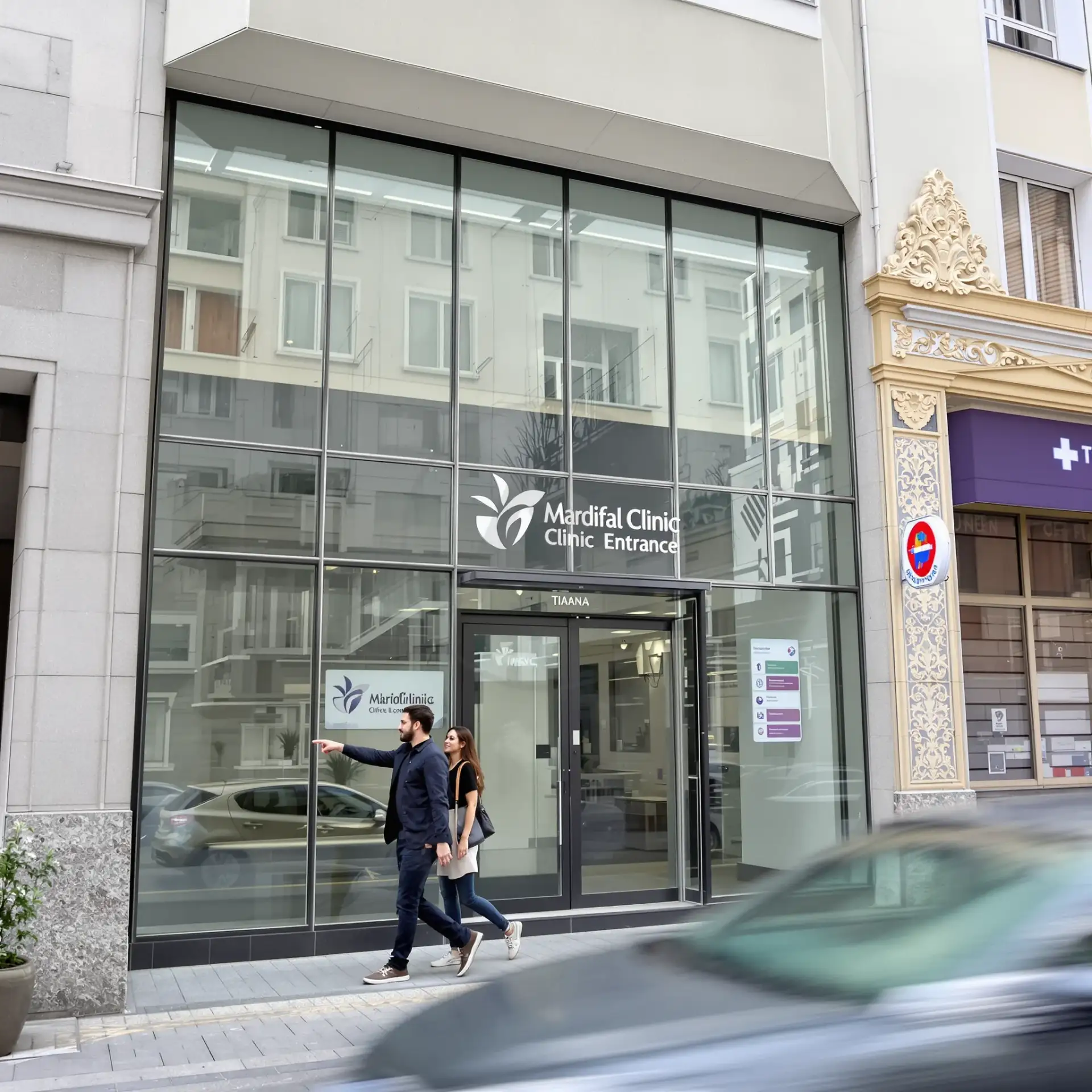 Couple walking past the glass facade entrance of a modern clinic building