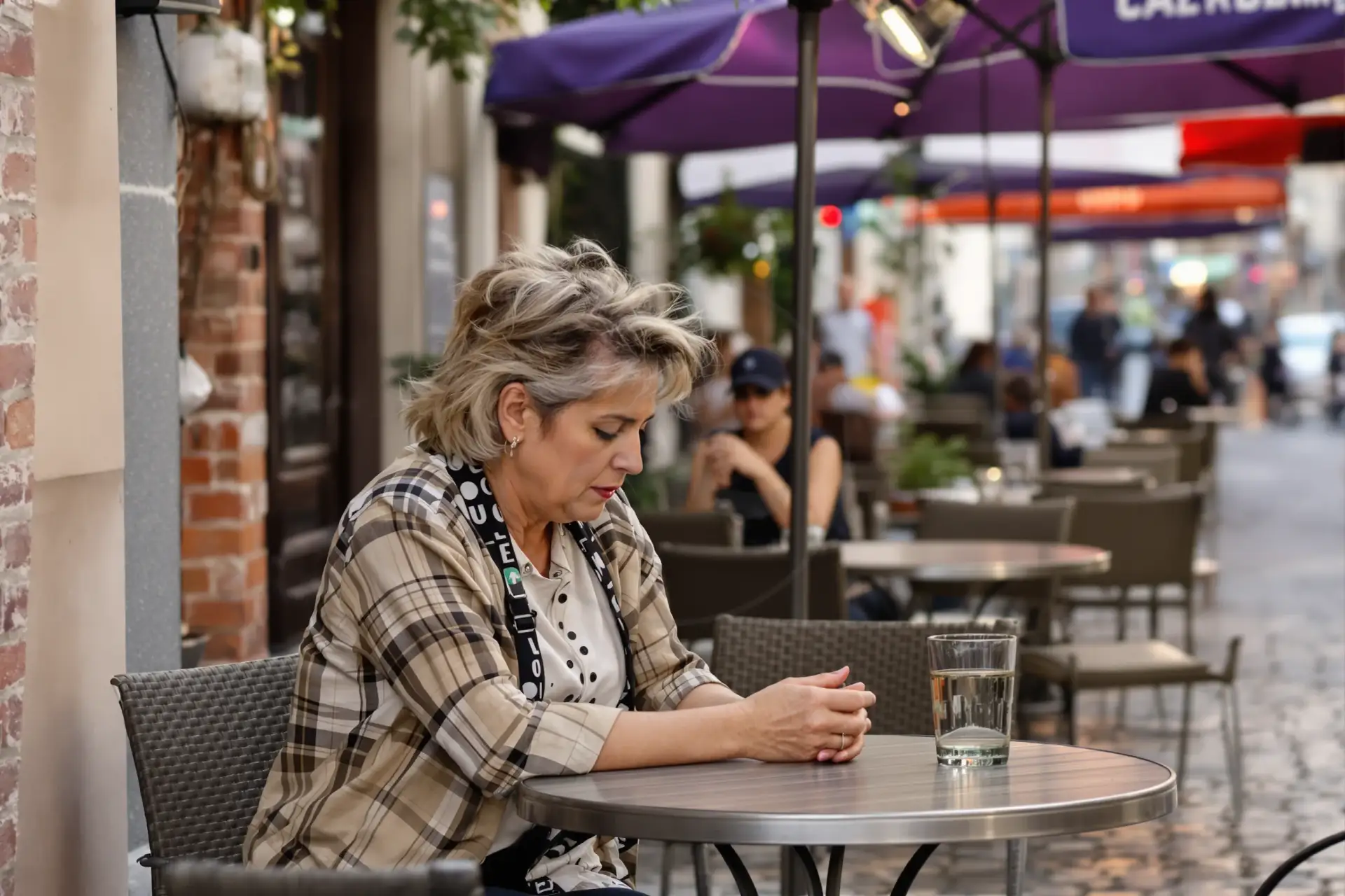 Older woman with grey hair sitting alone at an outdoor cafe table