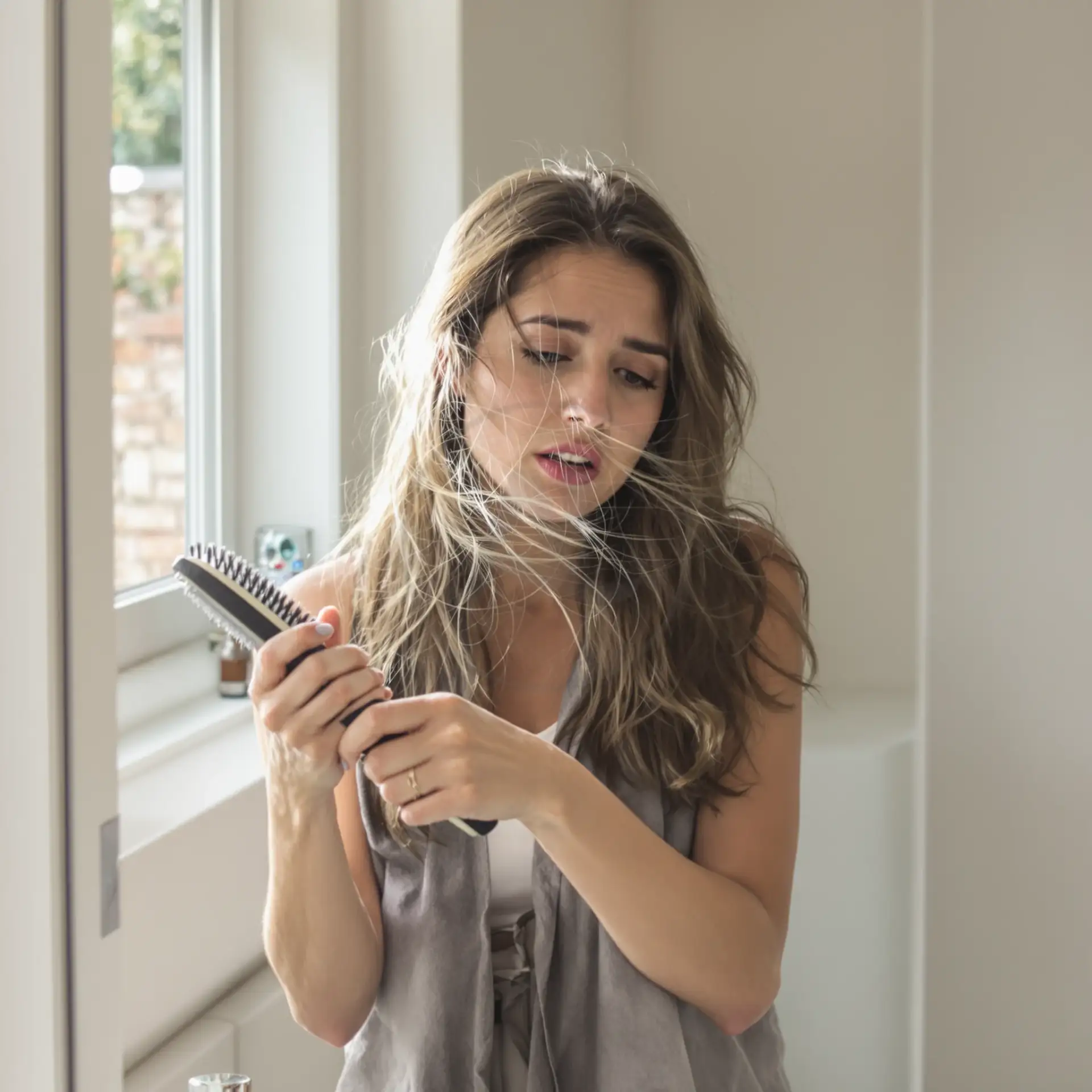 Woman by a window looking concerned at loose hair caught in her hairbrush