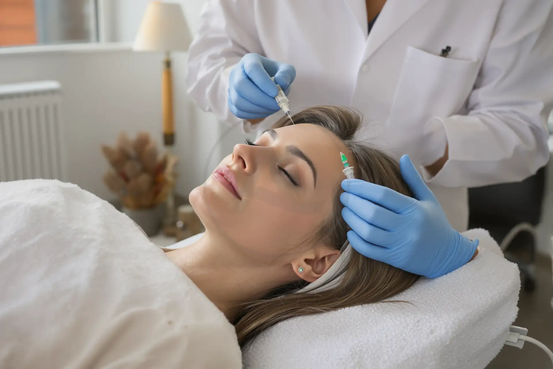 Gloved clinician giving a scalp injection to a woman lying on a treatment bed
