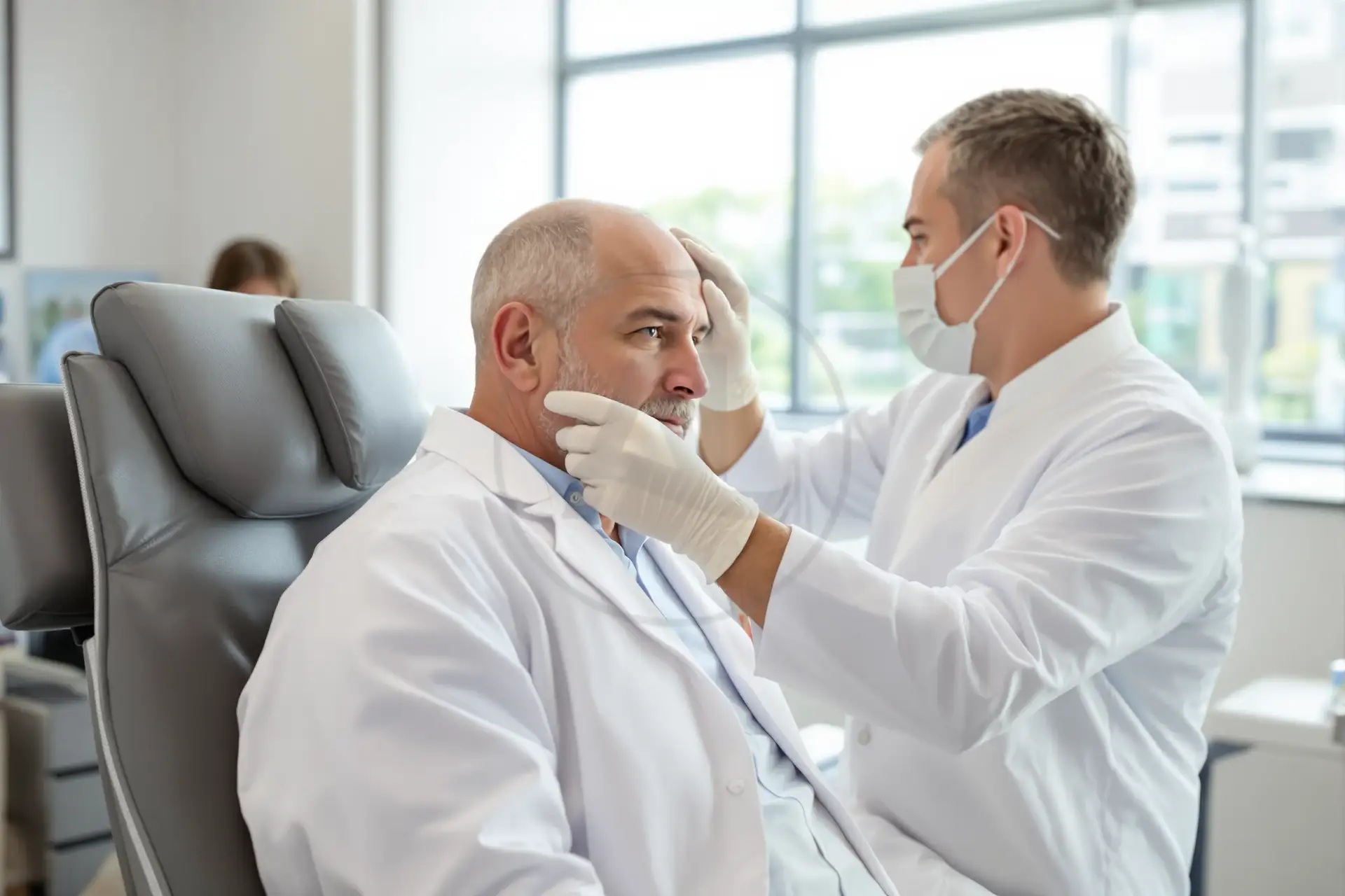 Uomo turco in clinica mentre un medico esamina il cuoio capelluto prima del trapianto.
