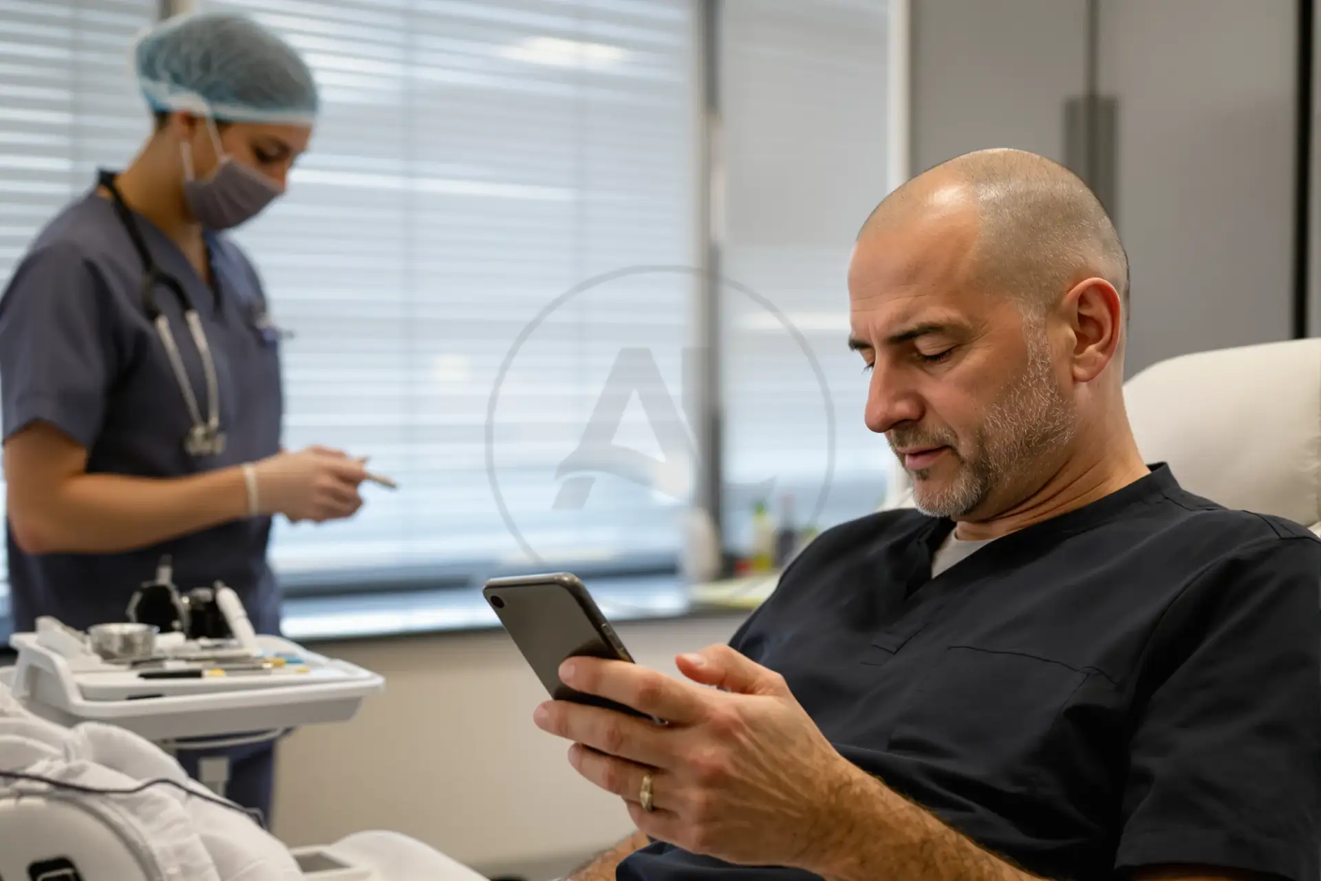 Uomo in clinica di Istanbul pronto per trapianto di capelli, con infermiera accanto.