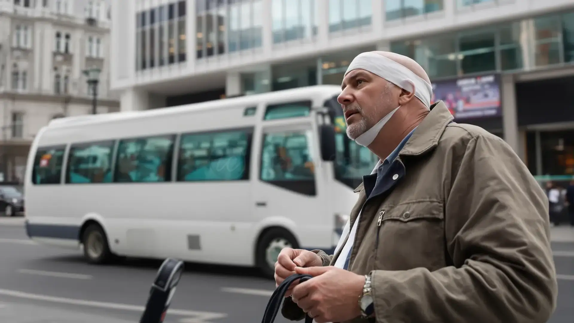 British man with bandaged head waits outside Istanbul clinic after hair transplant