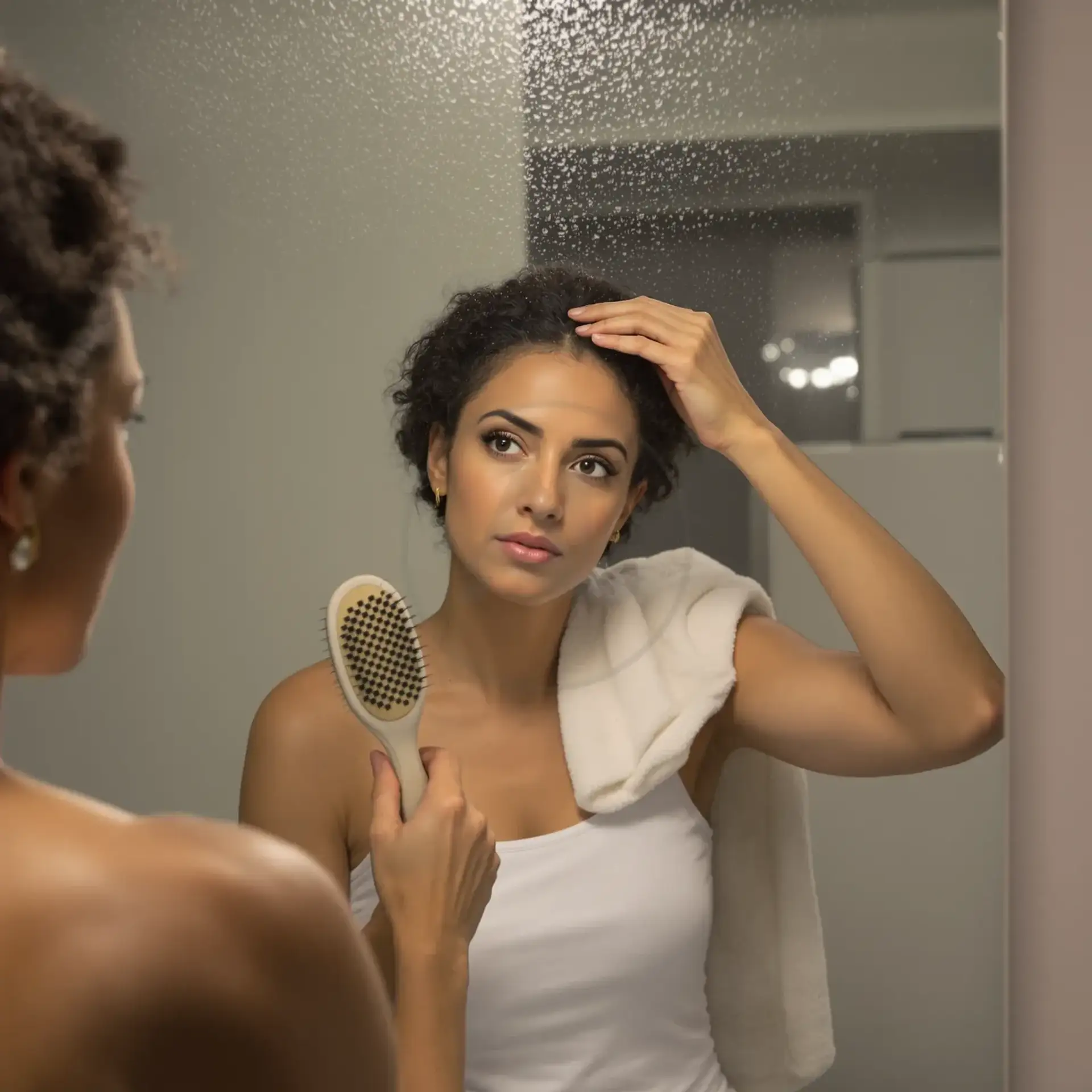 Woman with curly hair checking her scalp in a bathroom mirror while holding a hairbrush