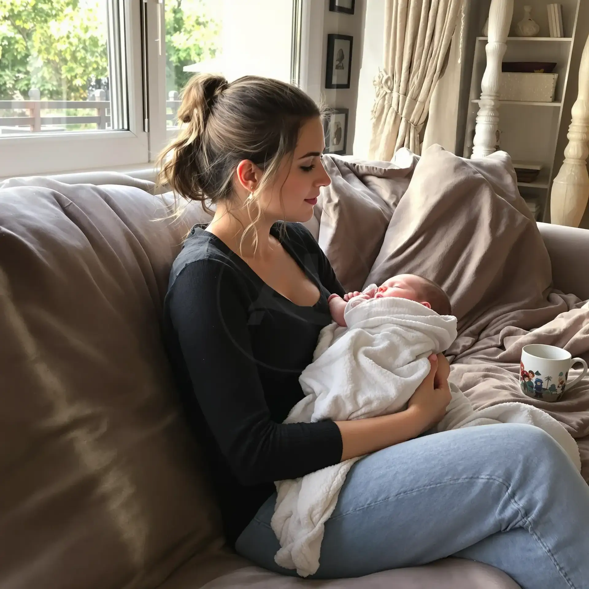 Young woman sitting on a sofa cradling a sleeping newborn wrapped in a blanket