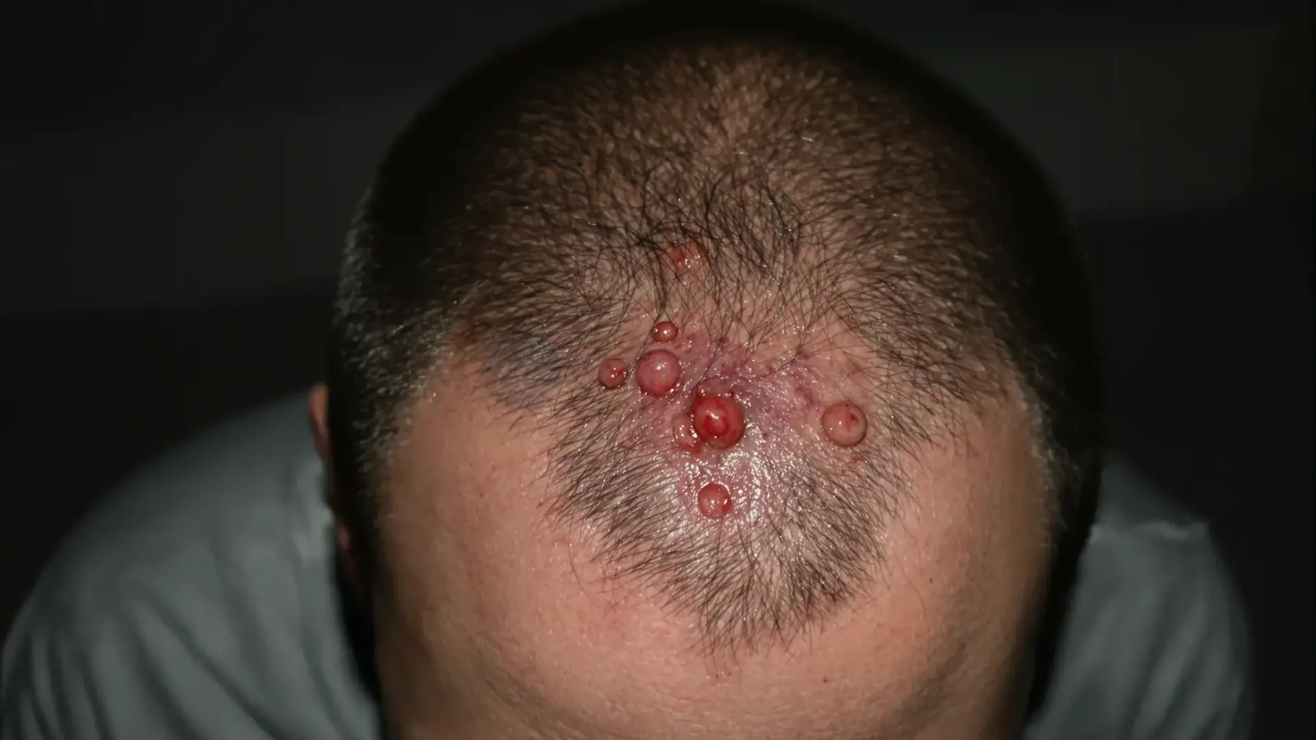 Close-up of infected hair follicles on a scalp with red bumps and pus