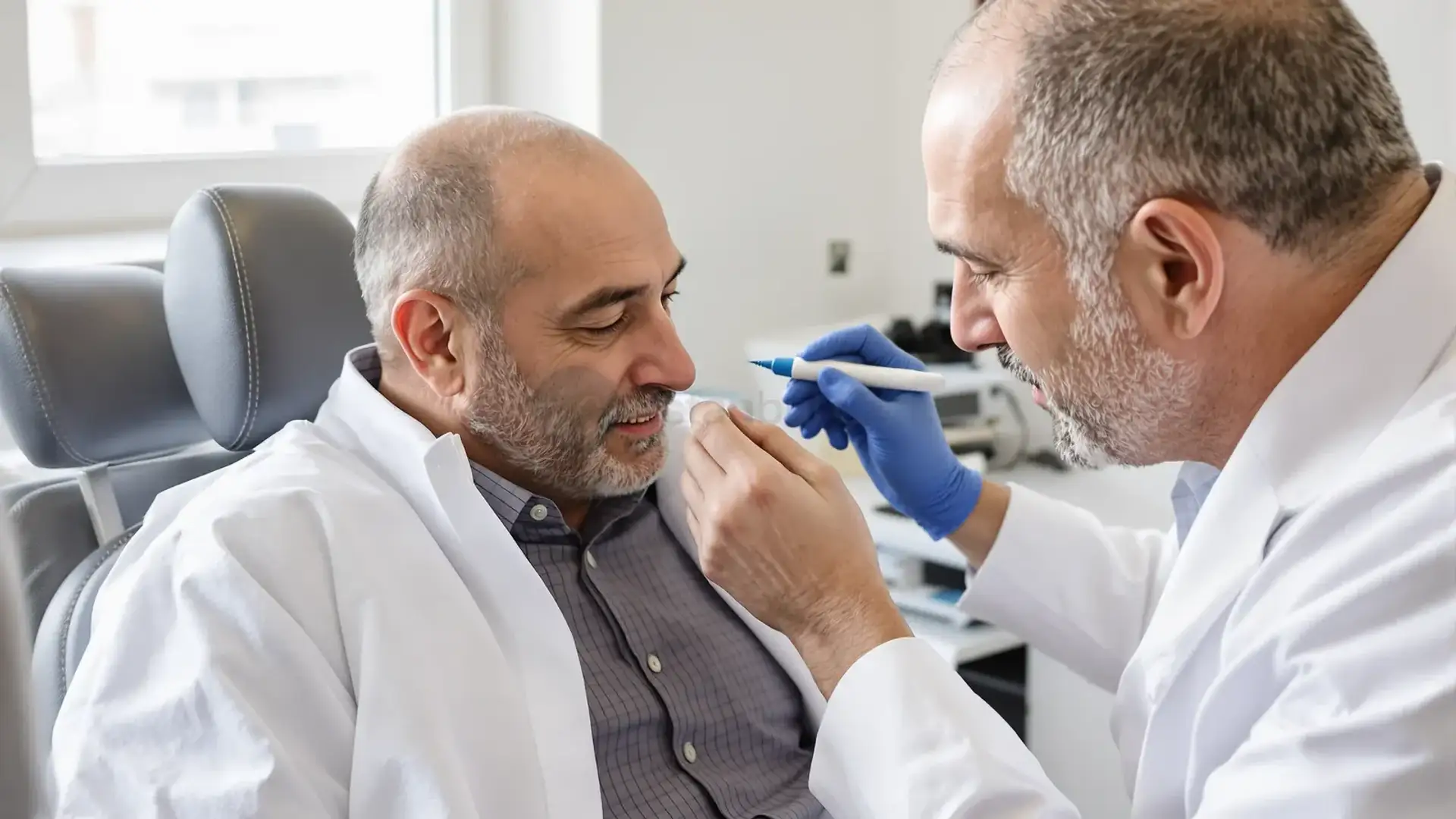 Doctor drawing hairline on patient's scalp in a Turkish hair transplant clinic.