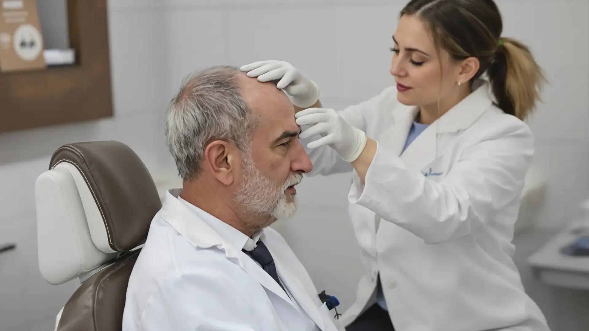 Doctor examining a man's scalp during a hair transplant consultation in Istanbul