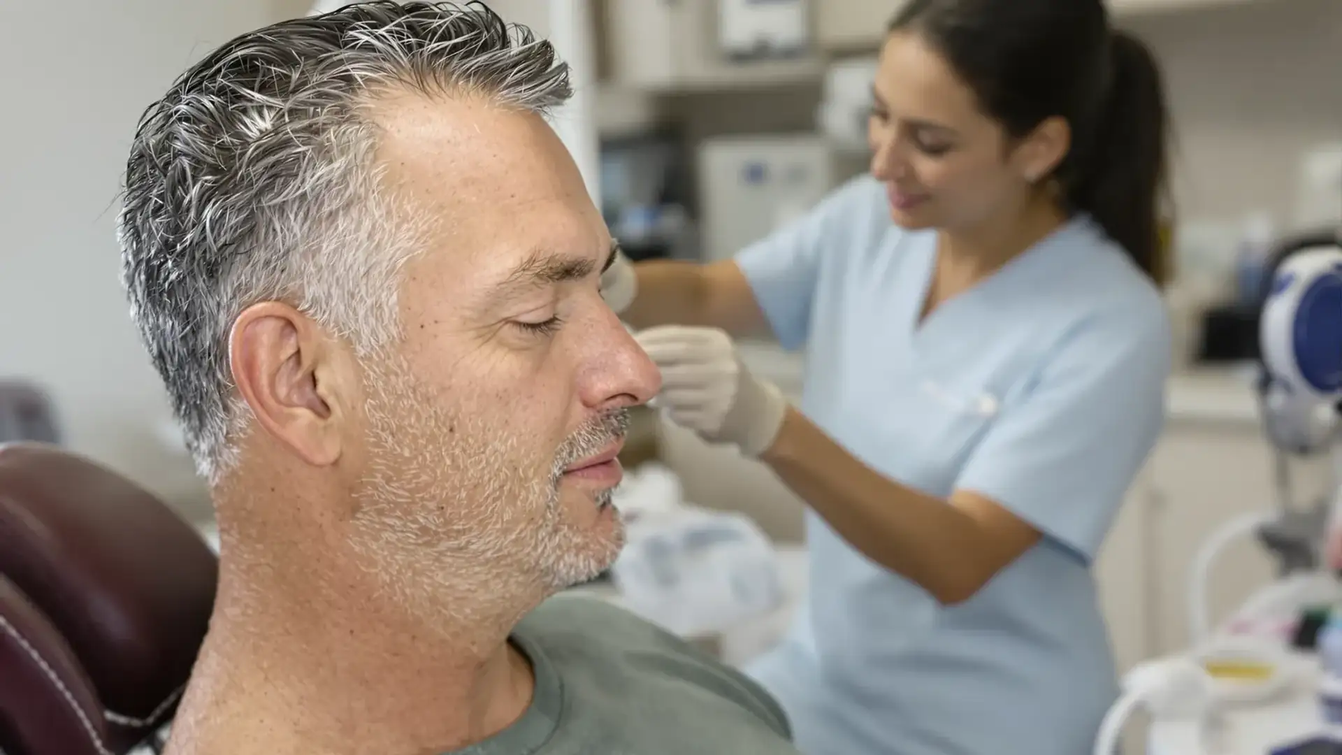Doctor inspecting a fresh hairline transplant in a clinic exam room.