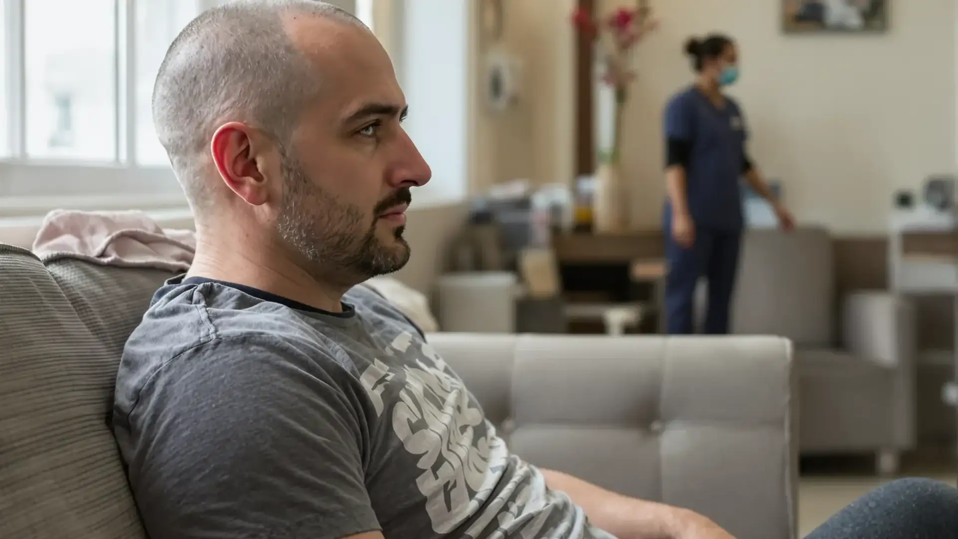 Hair transplant patient resting in Turkish clinic waiting room