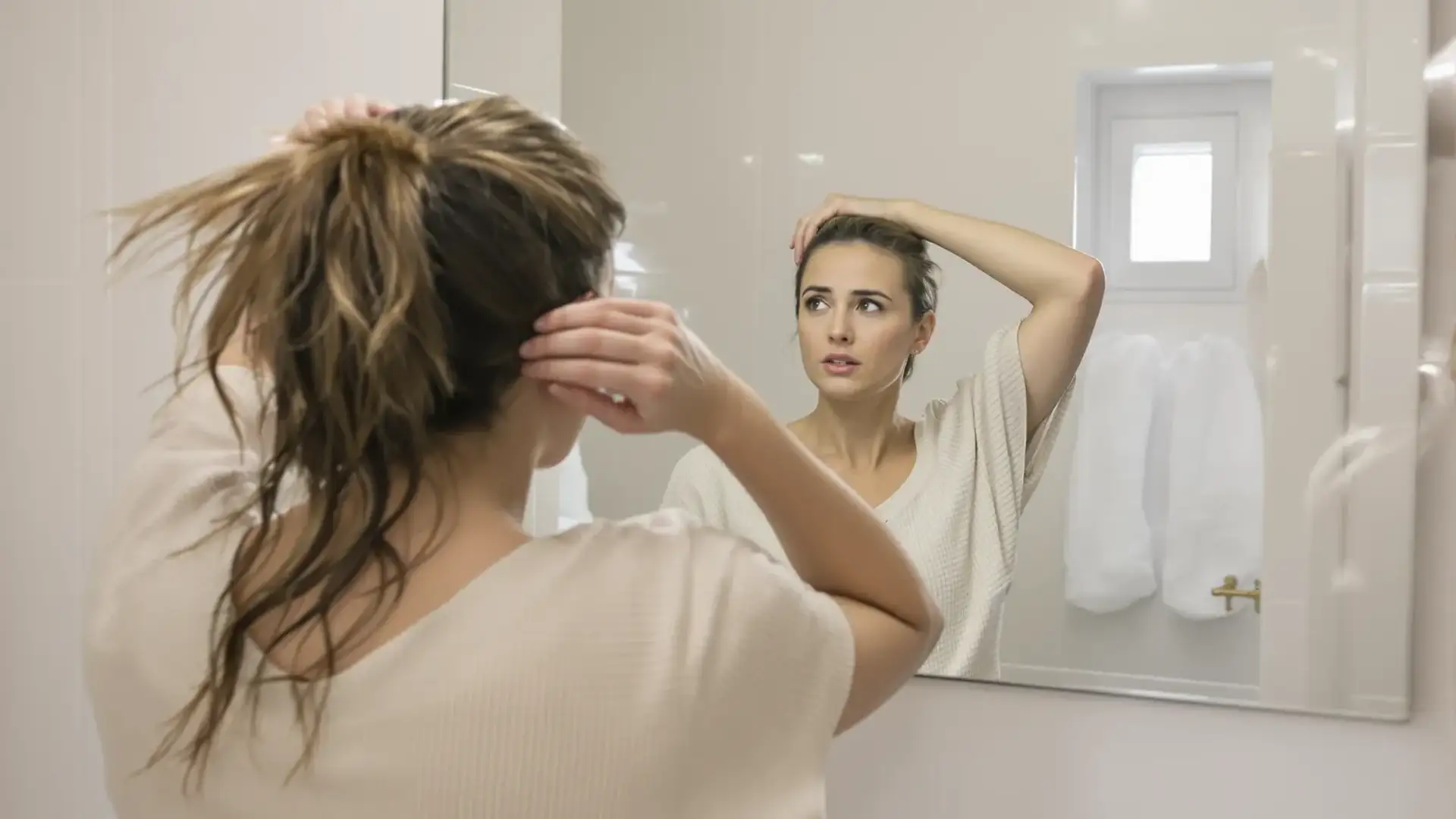 Donna davanti allo specchio che solleva i capelli per controllare l'attaccatura frontale.