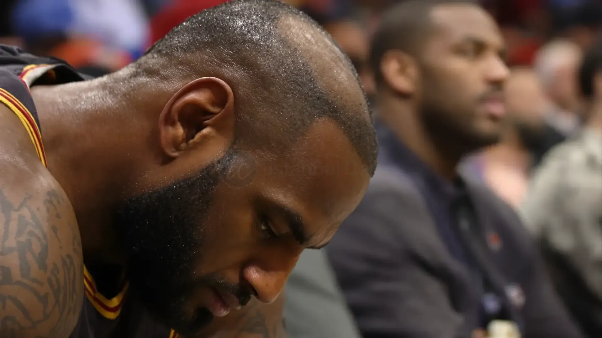 LeBron James on the bench, his thinning crown and receding hairline visible under arena lights.