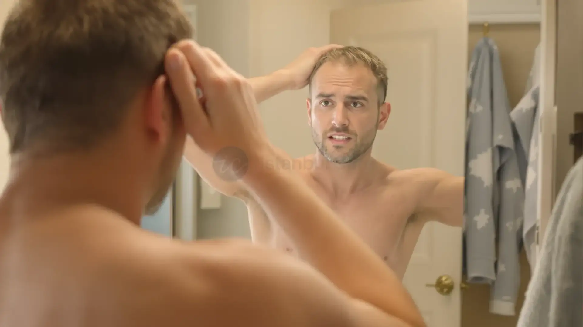 Man checking thinning hair in bathroom mirror, worried expression