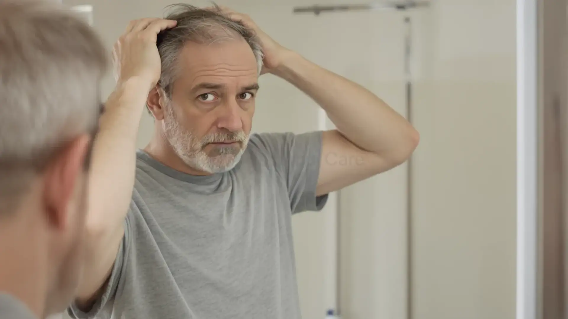 Man examining thinning hair in bathroom mirror, looking concerned.