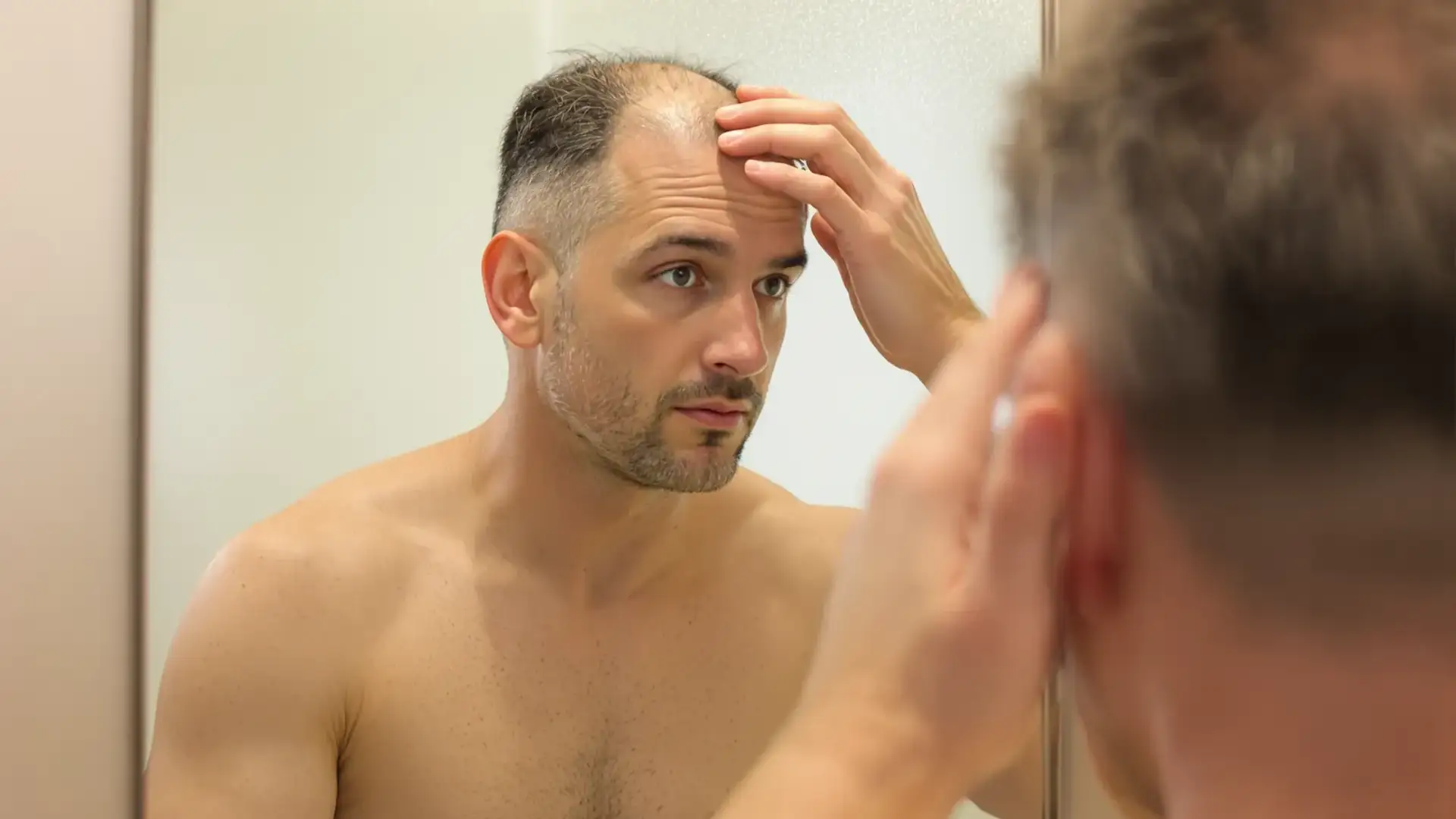 Man in mirror checking thinning hair on crown
