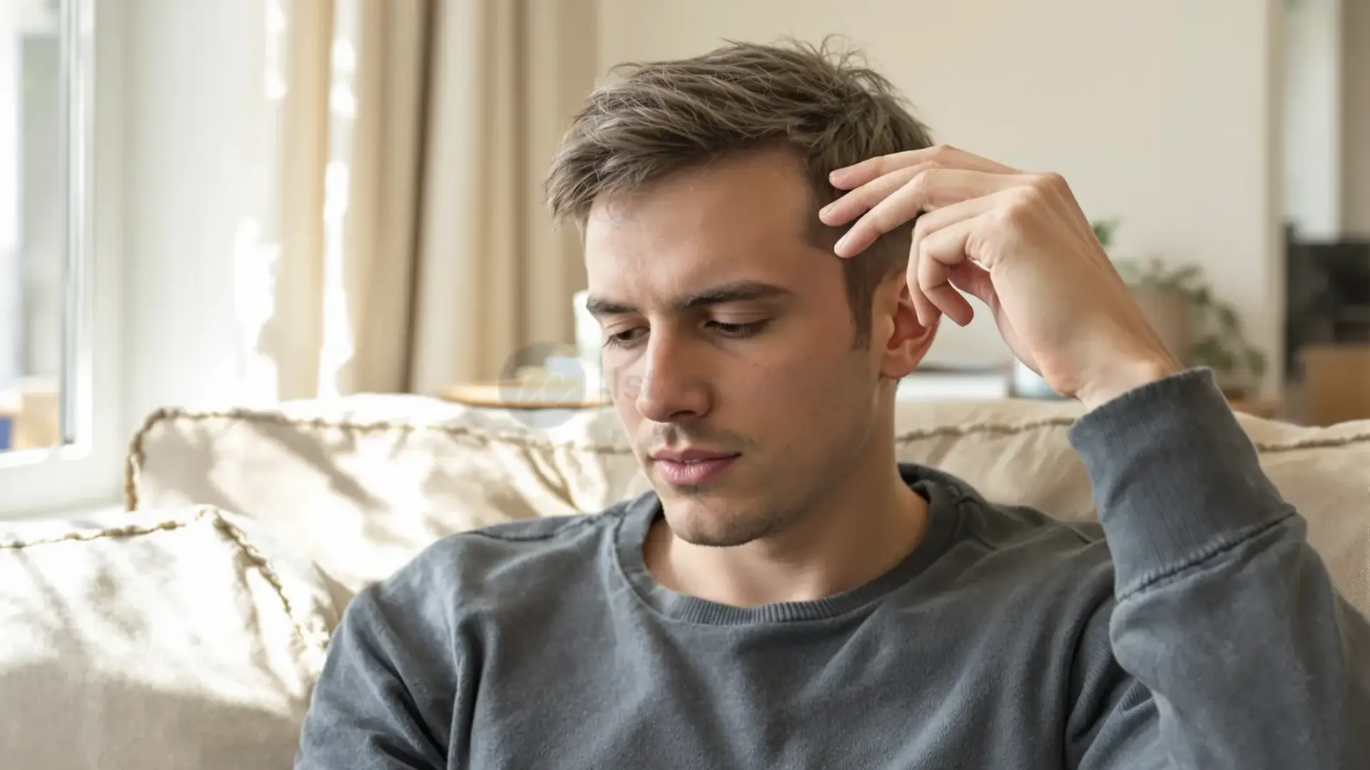 Man touching his hairline thoughtfully on a couch in natural light