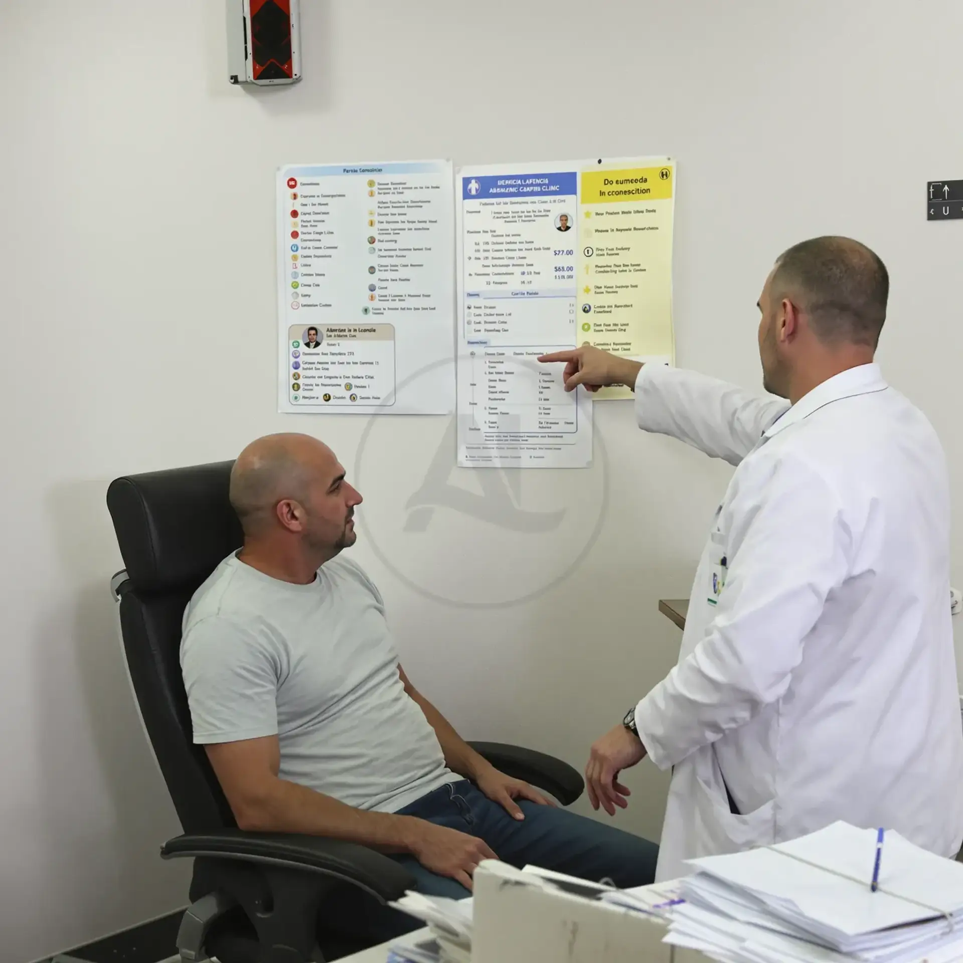 Doctor pointing to an information poster while consulting a seated man in an exam room