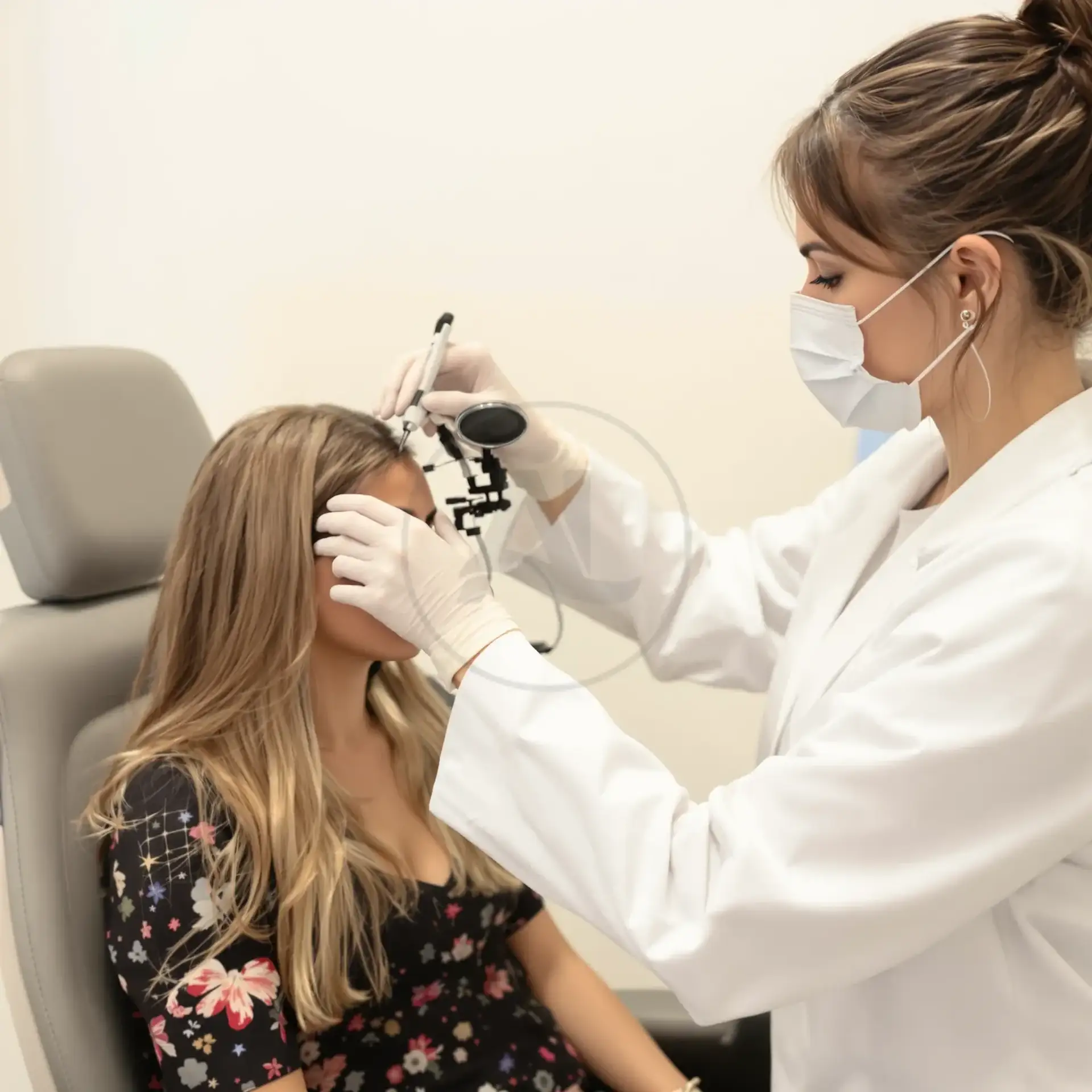 Specialist examining a young womans hairline with a trichoscope during a consultation