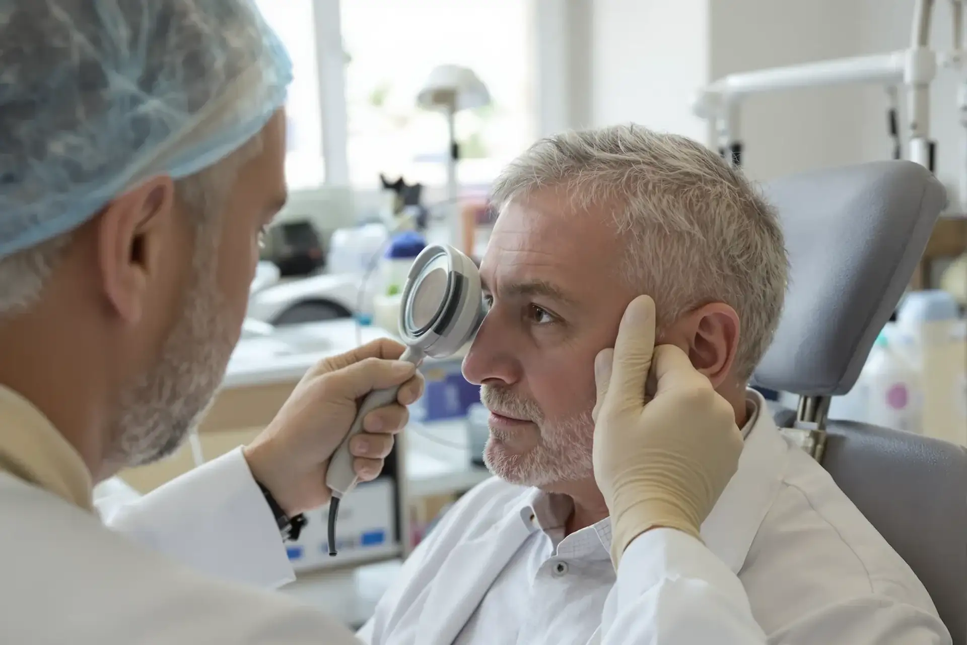 Doctor examining an older mans hairline with a handheld magnifier in a clinic