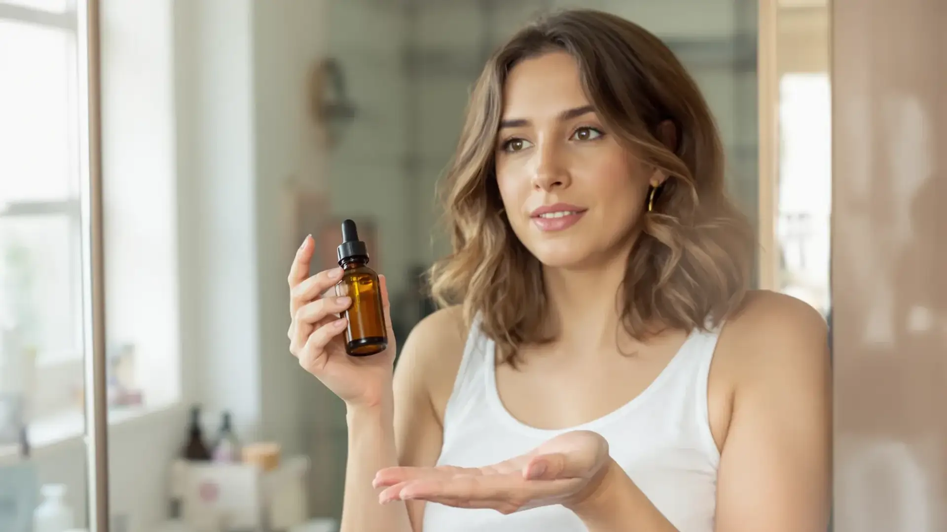 Woman applying a few drops of argan oil from a dropper bottle into her palm in a bathroom mirror.