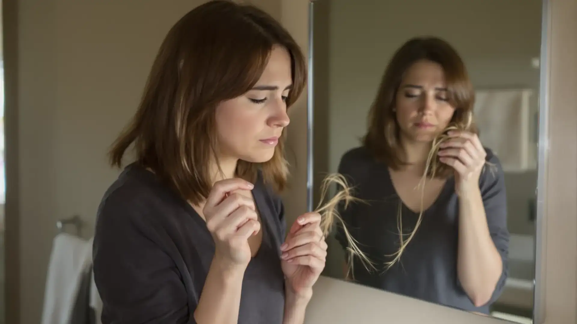 Woman holding loose strands of hair at bathroom sink, looking worried