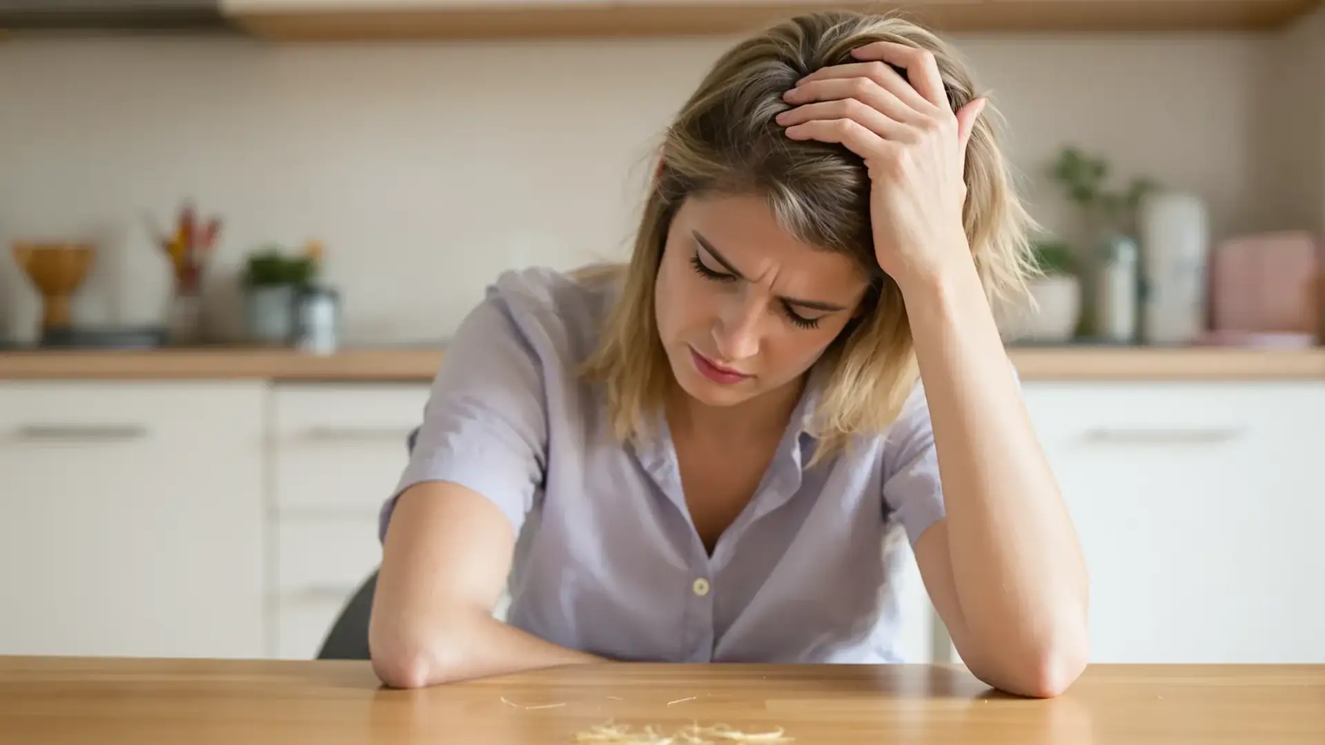 Woman pressing fingertips to her sore scalp with loose hair on the table