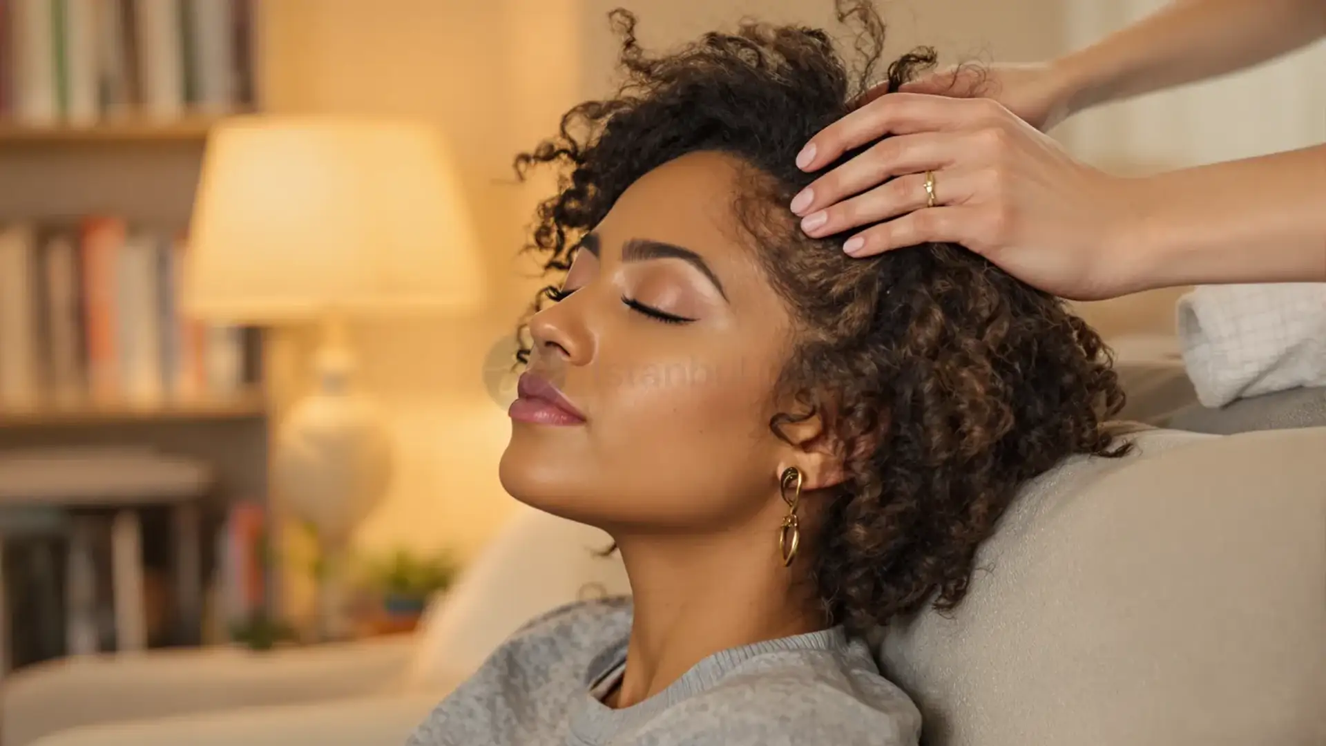 Woman receiving a relaxing scalp massage from a friend at home
