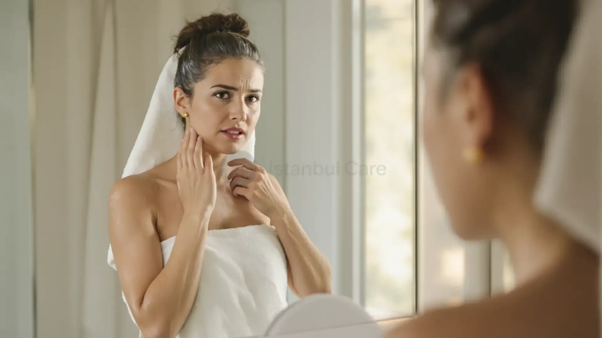 Woman with thinning hair on crown, touching her scalp after a shower in realistic bathroom lighting.